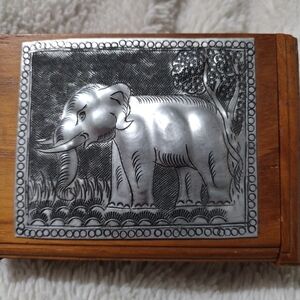 Vintage Collectible Wood & Silver Tooled Jewelry Trinket Box, Elephant